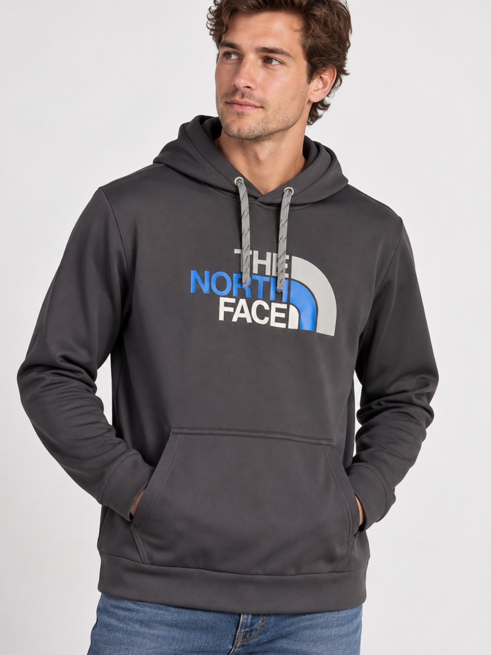 The North Face Men’s L Graphite Gray Hoodie Blue Logo Pullover